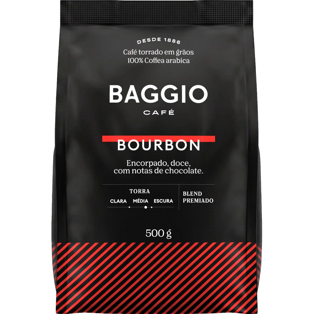 Pacote de Café Baggio Bourbon em grãos 500 g, embalagem preta