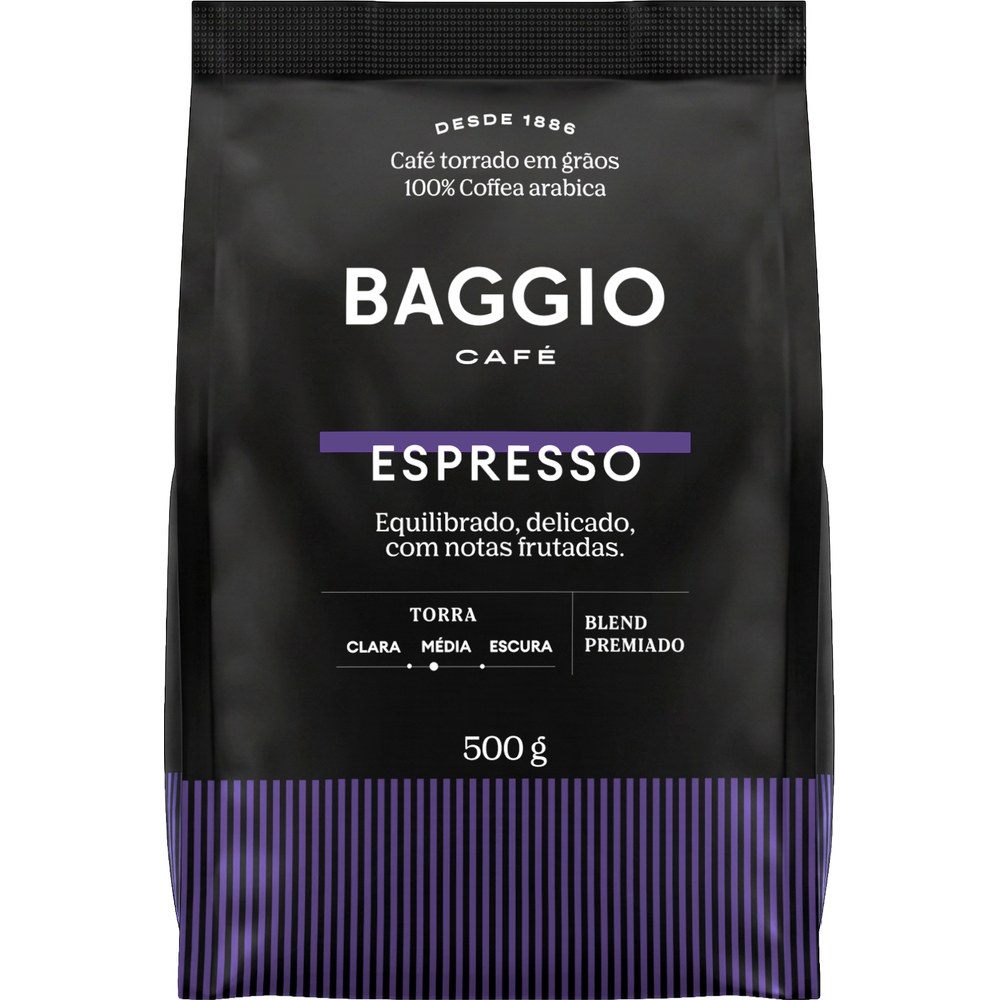 Pacote de Café Baggio Espresso em grãos 500 g, embalagem preta e roxa
