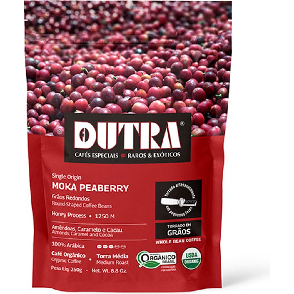 Pacote de Café Dutra Moka Peaberry orgânico em grãos 250 g, embalagem vermelha