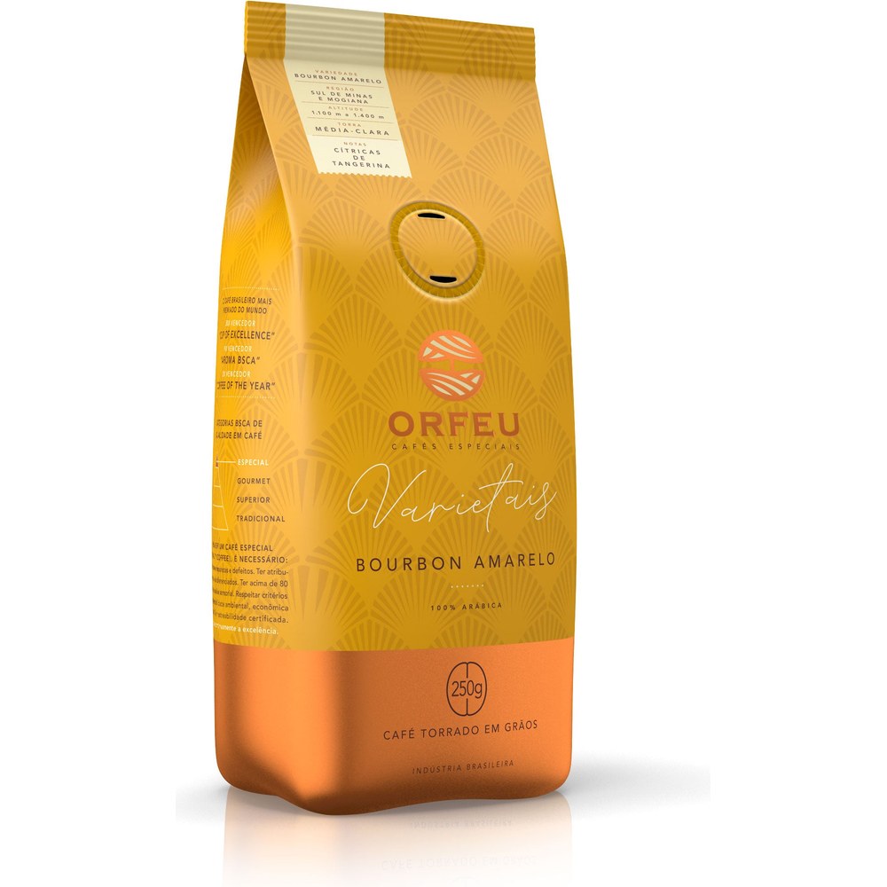 Pacote de Café Orfeu Bourbon Amarelo em grãos 250 g, embalagem amarela