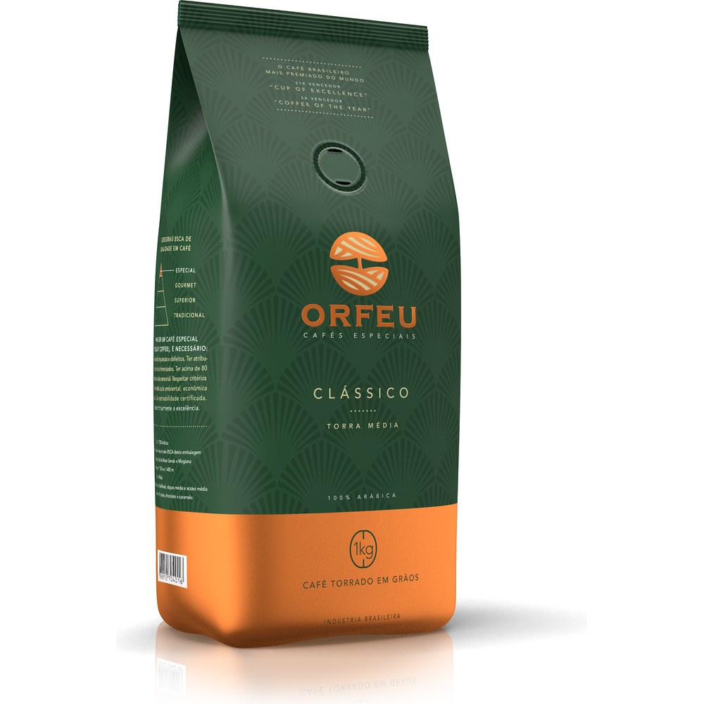 Pacote de Café Orfeu Clássico em grãos 1 kg, embalagem verde e laranja