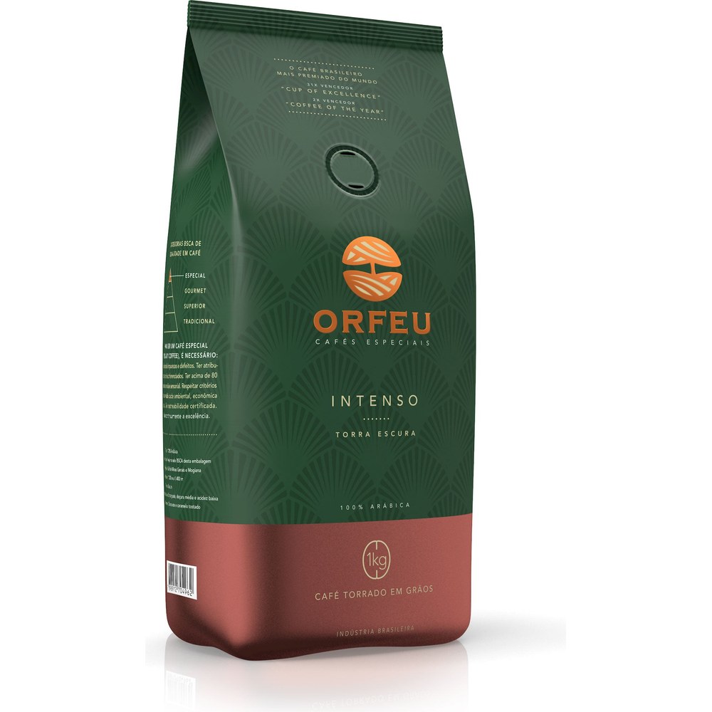 Pacote de Café Orfeu Intenso em grãos 1 kg, torra escura, embalagem verde e vinho