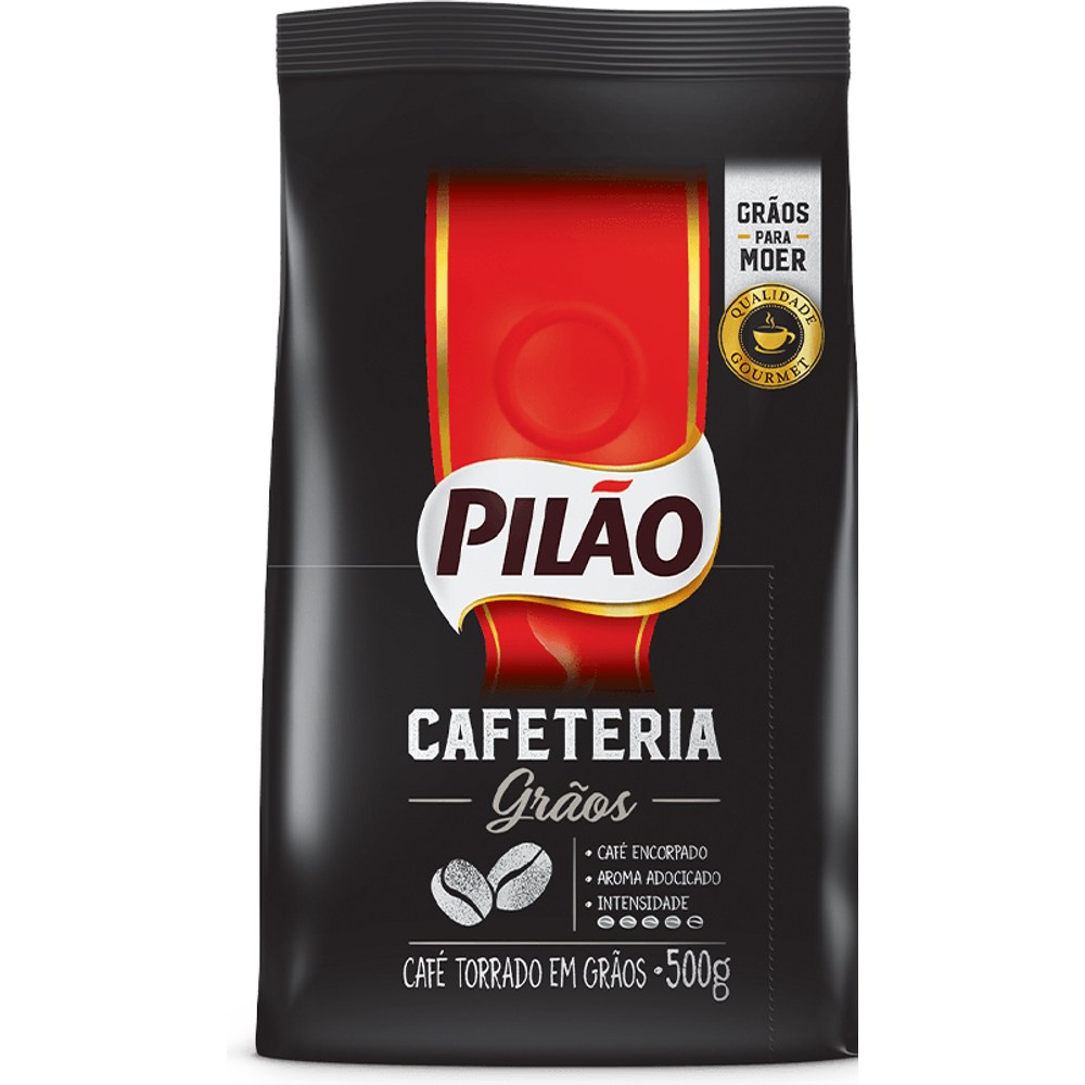 Pacote de Café Pilão Cafeteria em grãos 500 g, embalagem preta e vermelha