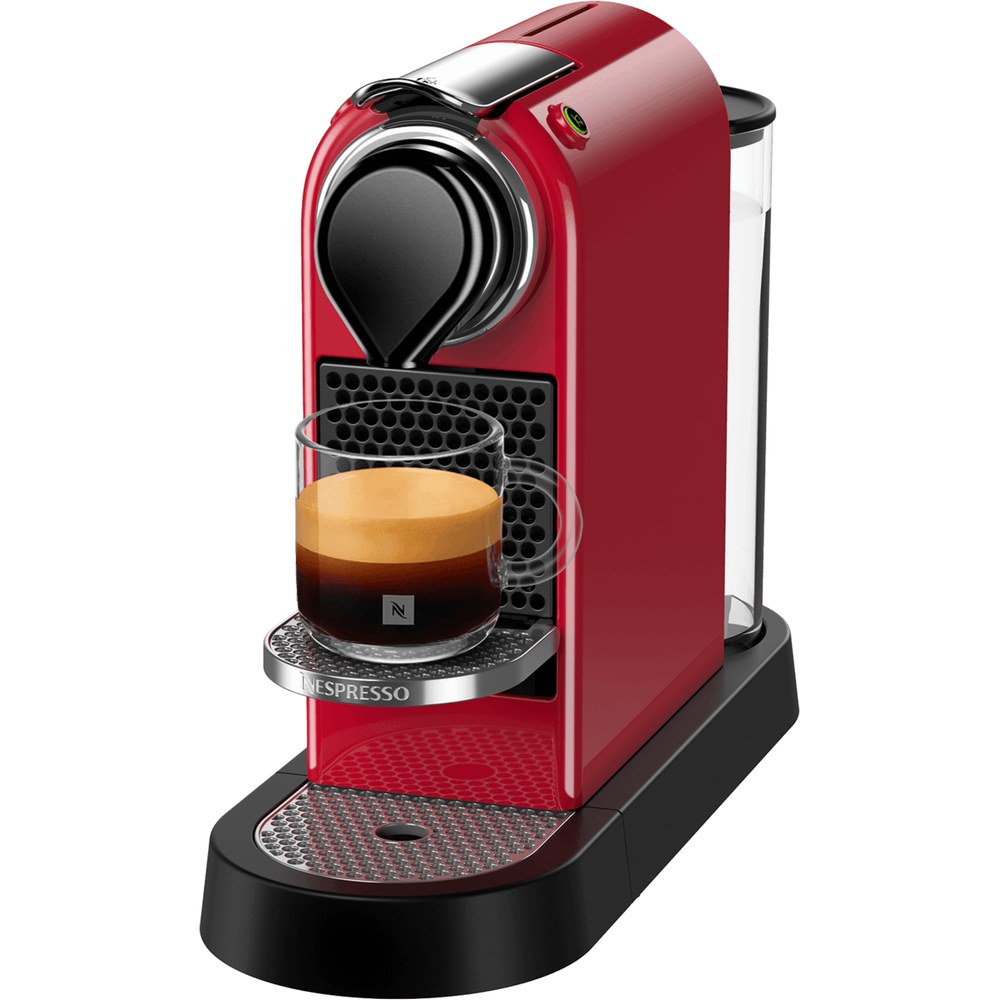 Cafeteira de cápsula Nespresso CitiZ vermelho cereja com xícara de espresso