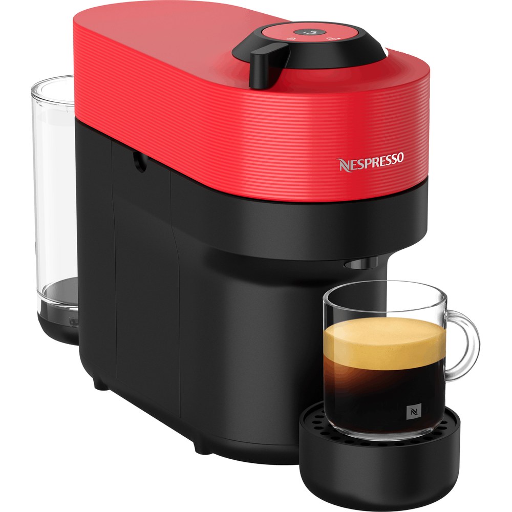 Cafeteira de cápsula Nespresso Vertuo Pop vermelha com xícara de café