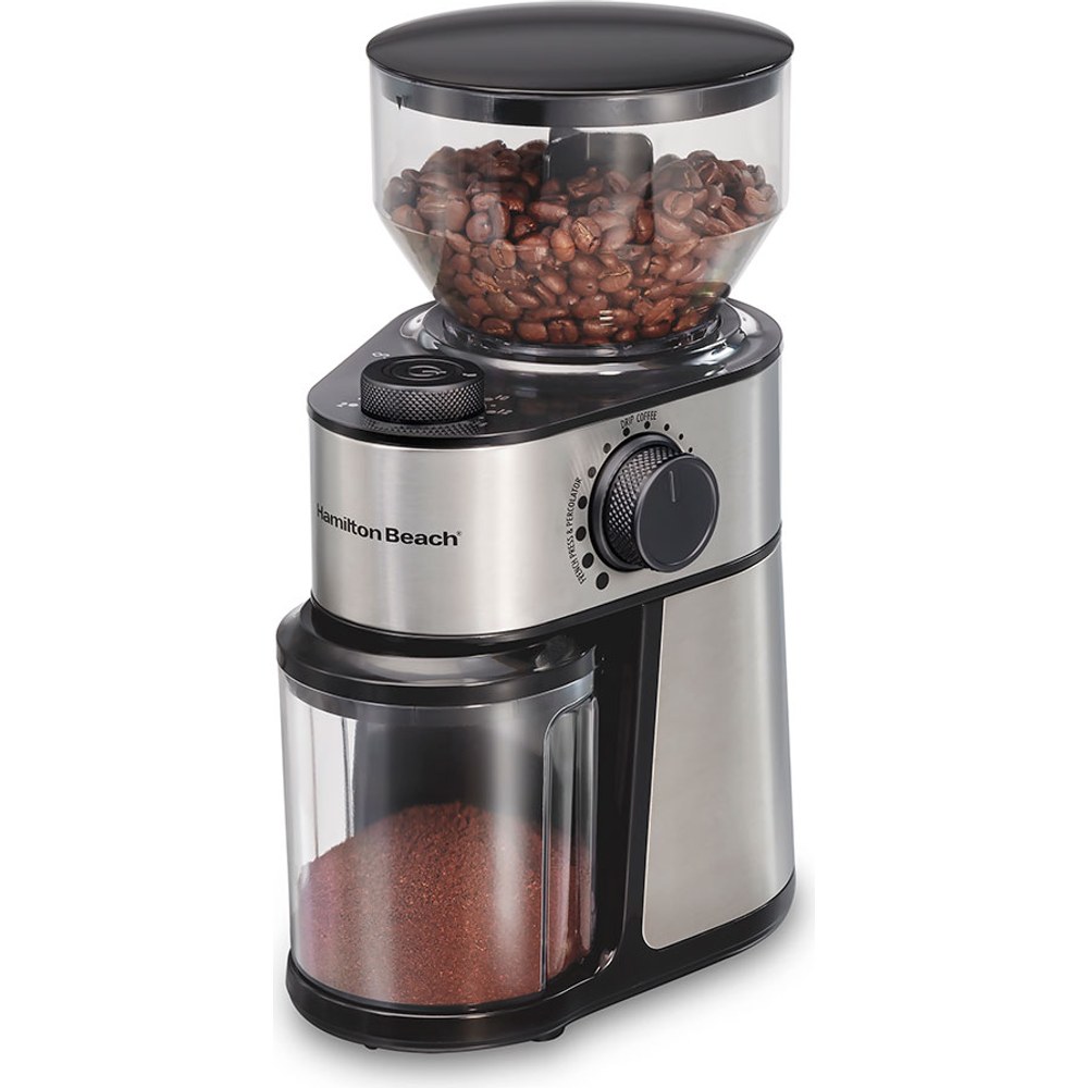 Moedor de café elétrico de mós Hamilton Beach 80385 com funil de grãos e recipiente de café moído