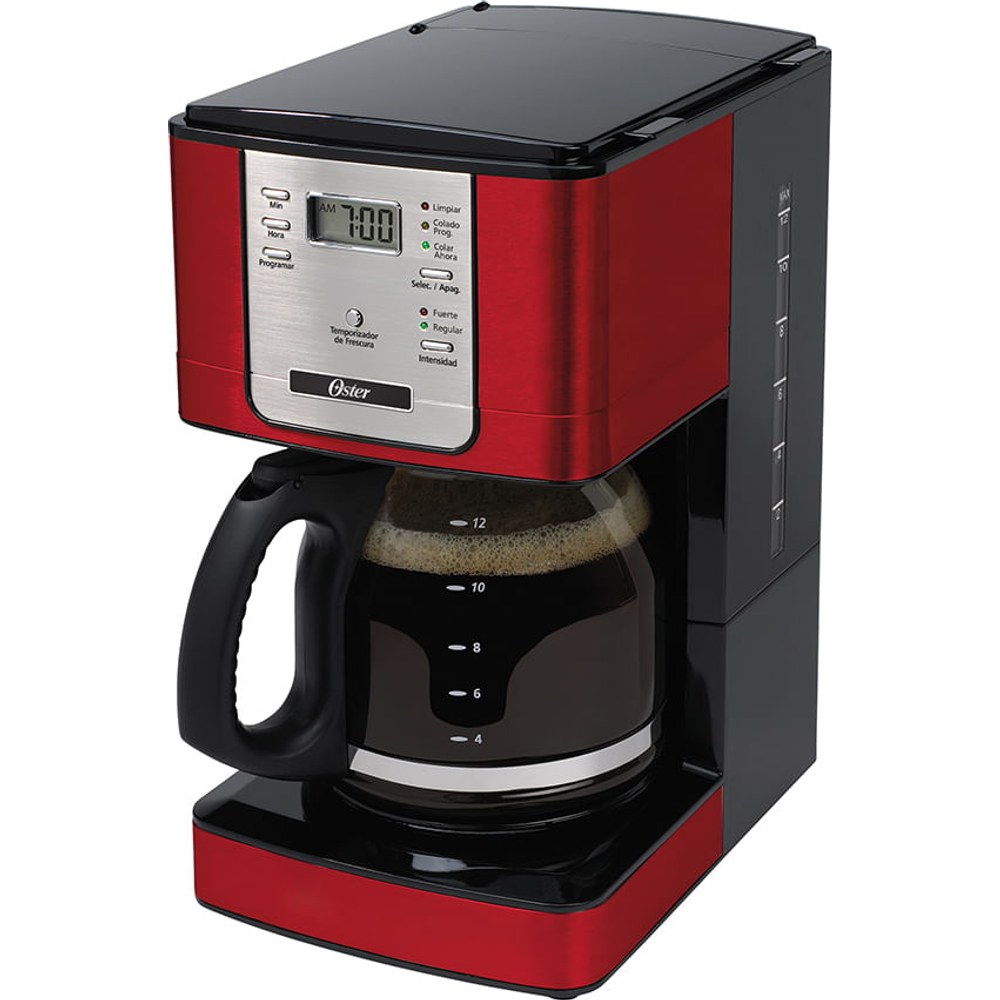 Cafeteira Oster Flavor Programável vermelha com painel digital e jarra de vidro de 1,5 litro