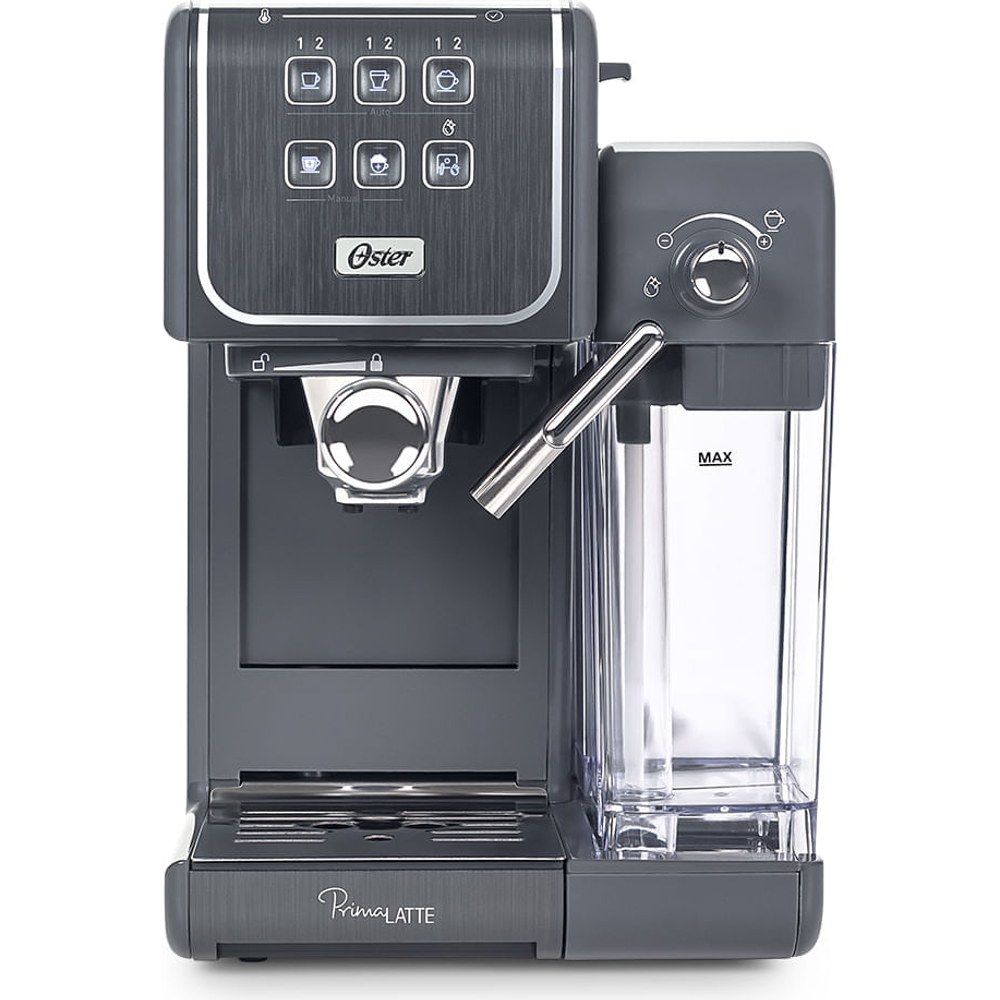Cafeteira espresso Oster PrimaLatte Touch cinza com reservatório de leite e painel touch