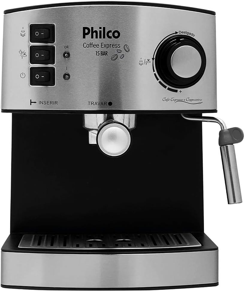 Cafeteira Philco Coffe Express 15 Bar preta e prata com porta-filtro e bico vaporizador